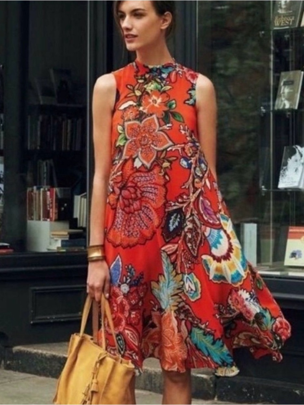 Anthropologie Maeve Larkhill Silk Floral Swing Dress Orange Size Small